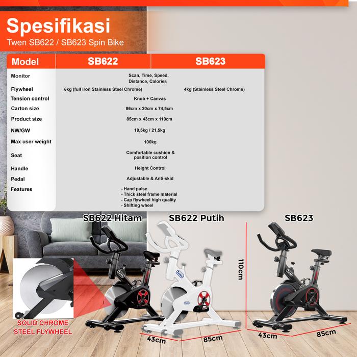 Twen SB622 Spinning Bike Kardio Alat Fitness - SB622 New Black + App Gambar produk 2