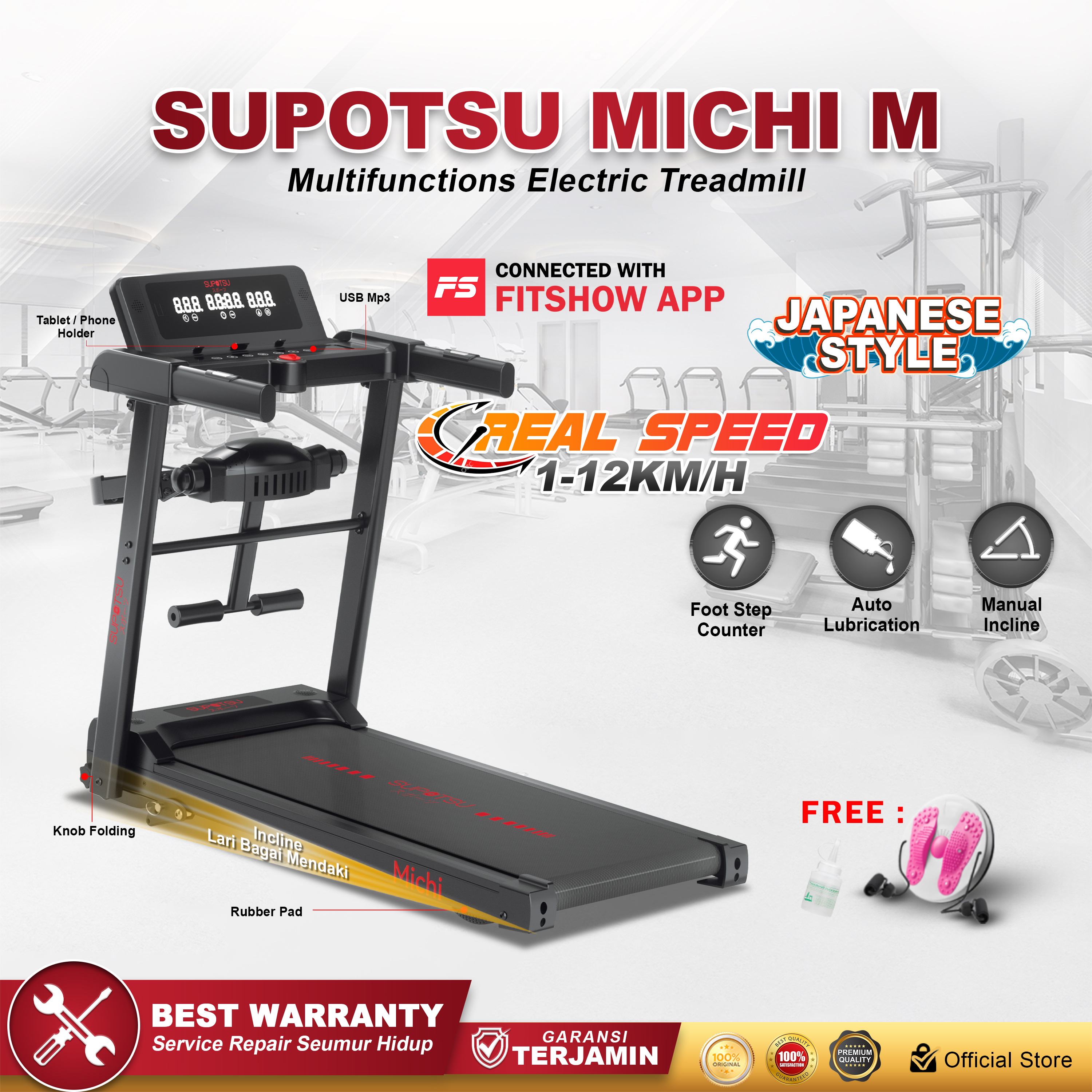 SUPOTSU Michi Hitam Multi Treadmill Listrik