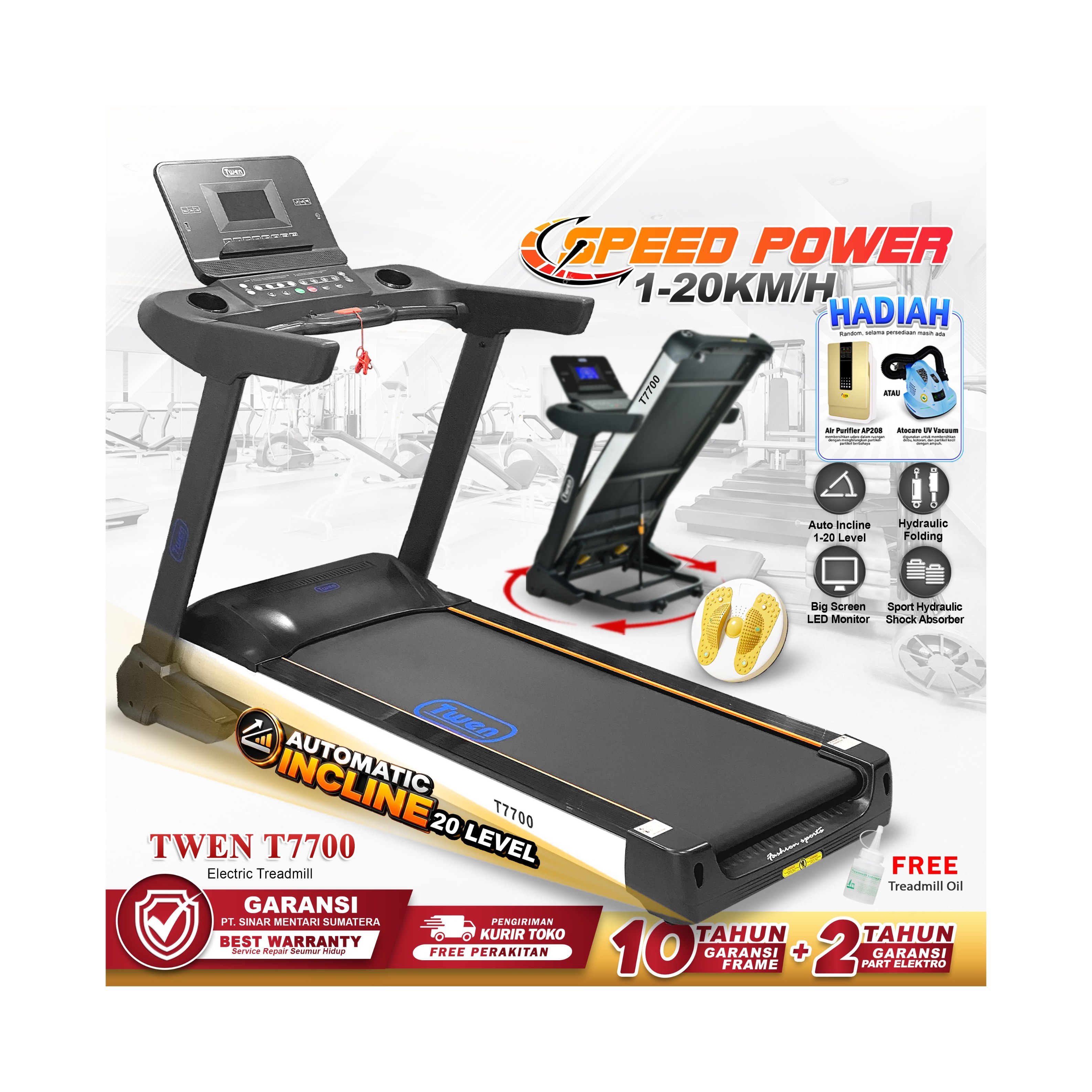 TWEN T7700 Treadmill Listrik Multifungsi Treadmill Portable Treadmill Multifungsi Treadmil Lipat Alat Olahraga