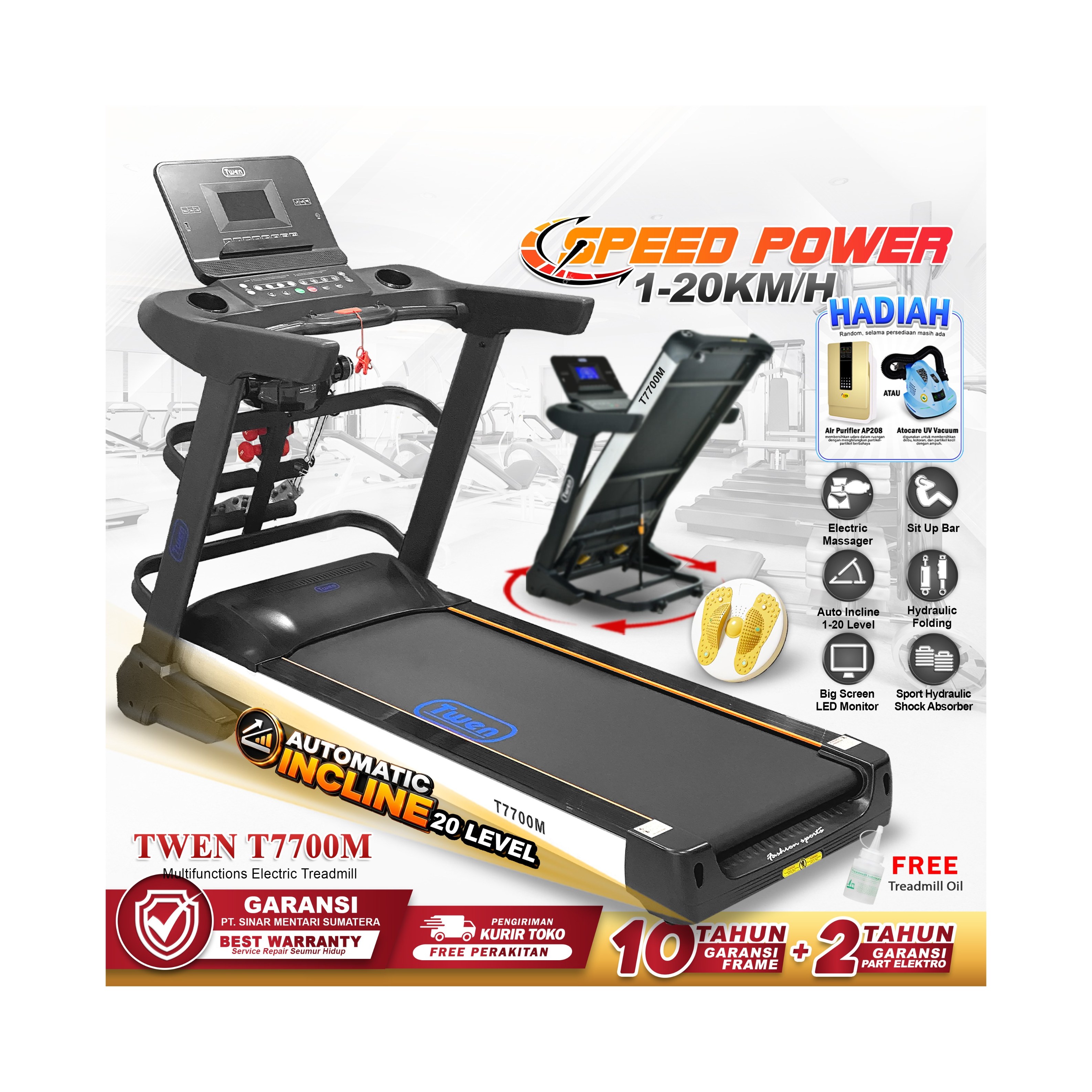 TWEN T7700M Treadmill Listrik Multifungsi Treadmill Portable Treadmill Multifungsi Treadmil Lipat Alat Olahraga