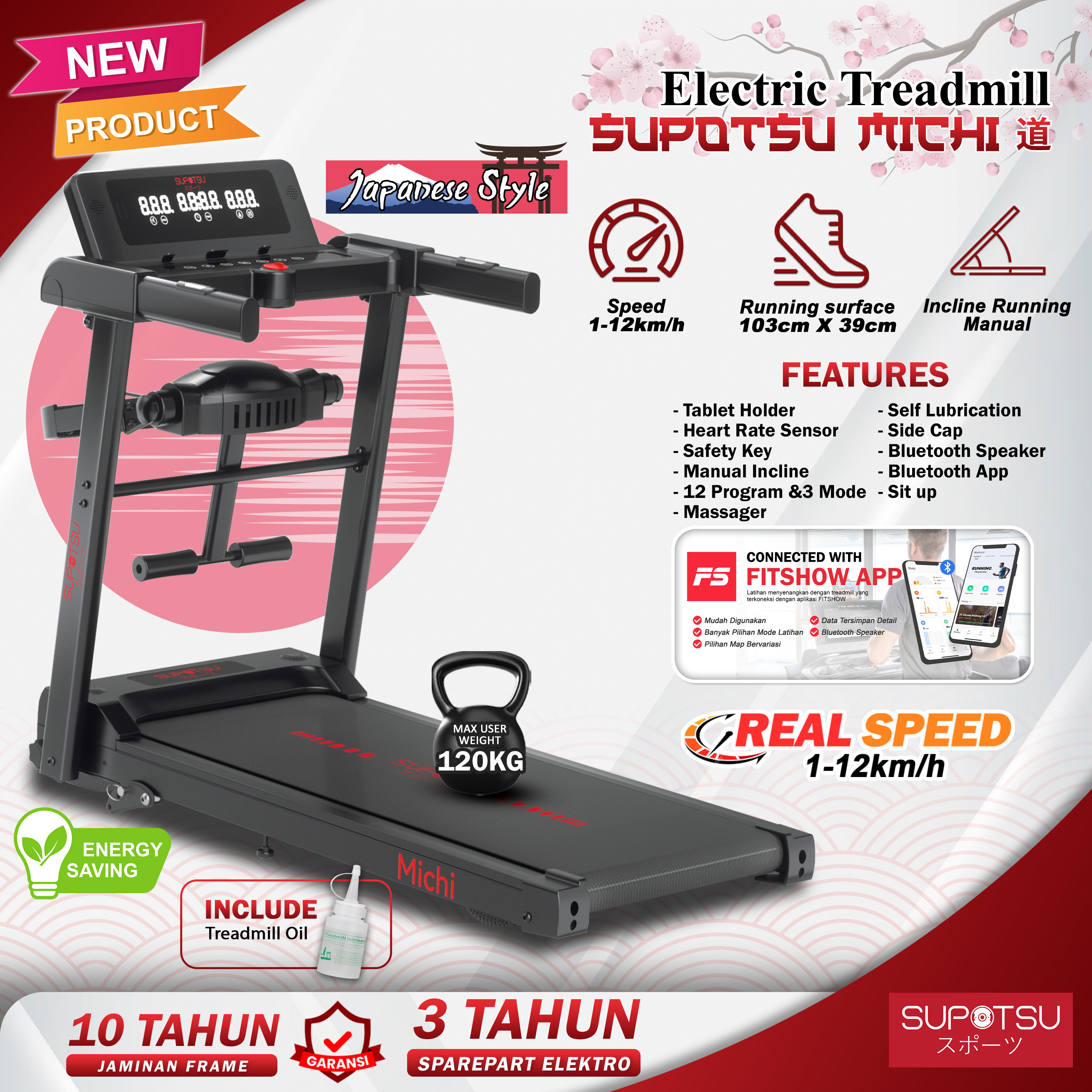 SUPOTSU MICHI Black Multi Treadmill Elektrik Terbaru