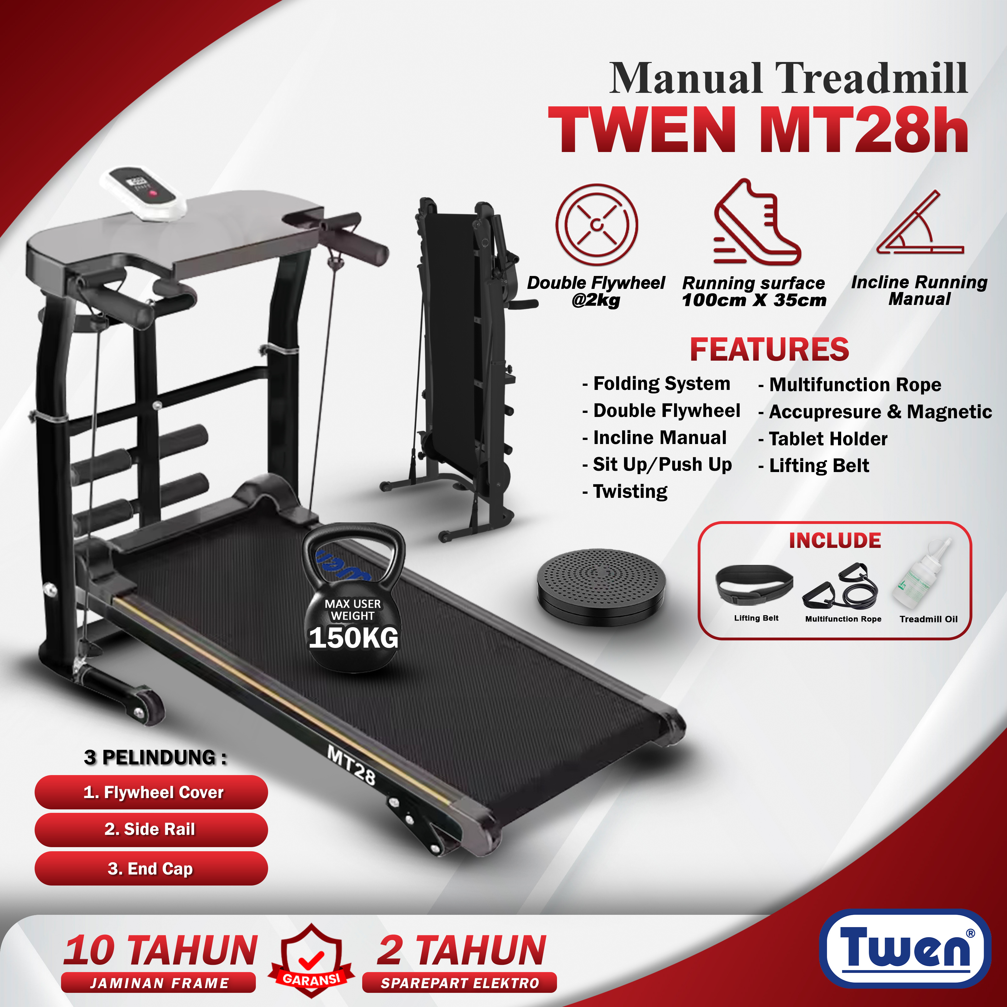 TWEN MT28 Hitam Treadmill Manual Tanpa Listrik