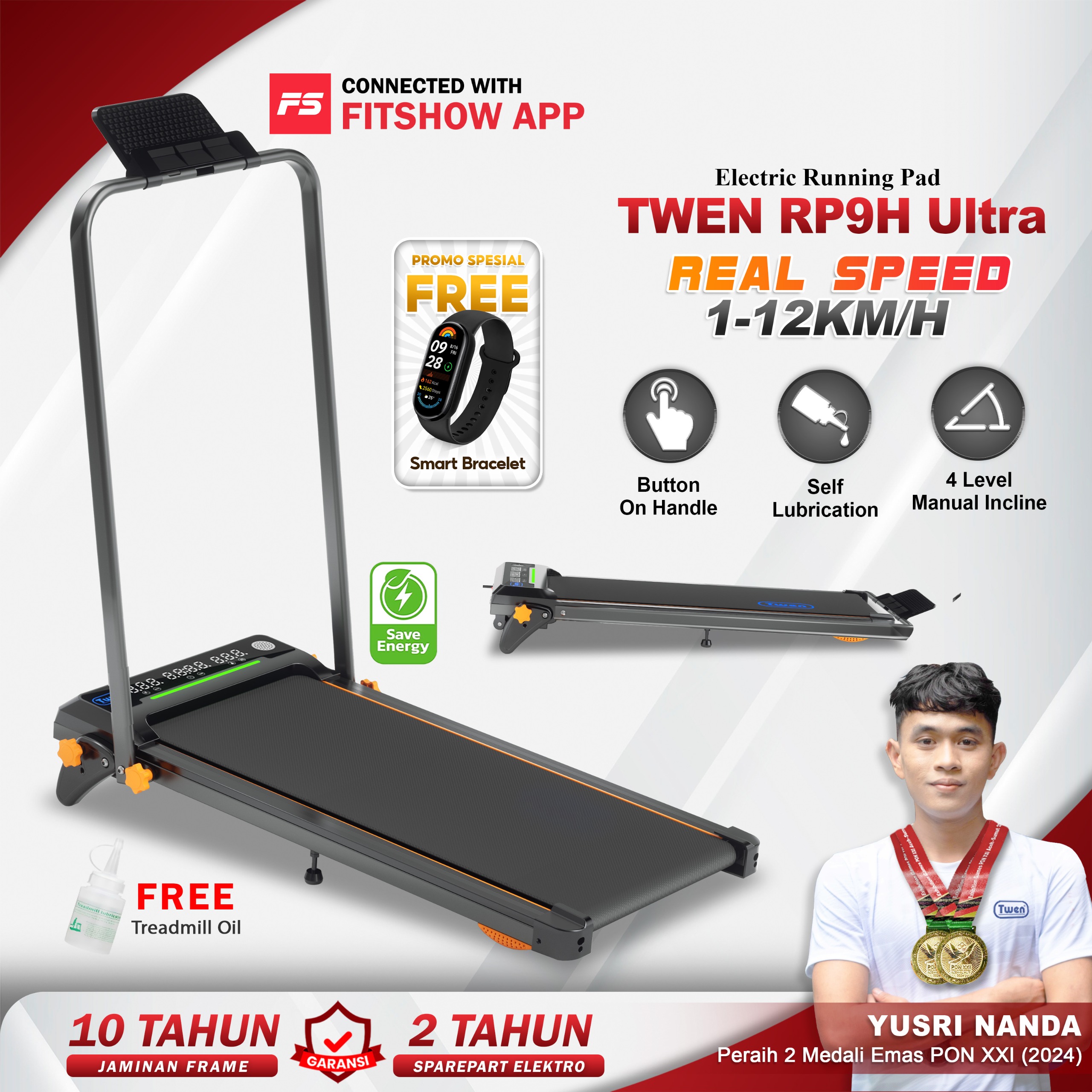 TWEN RP9H Ultra Hitam Running Pad Treadmill Listrik
