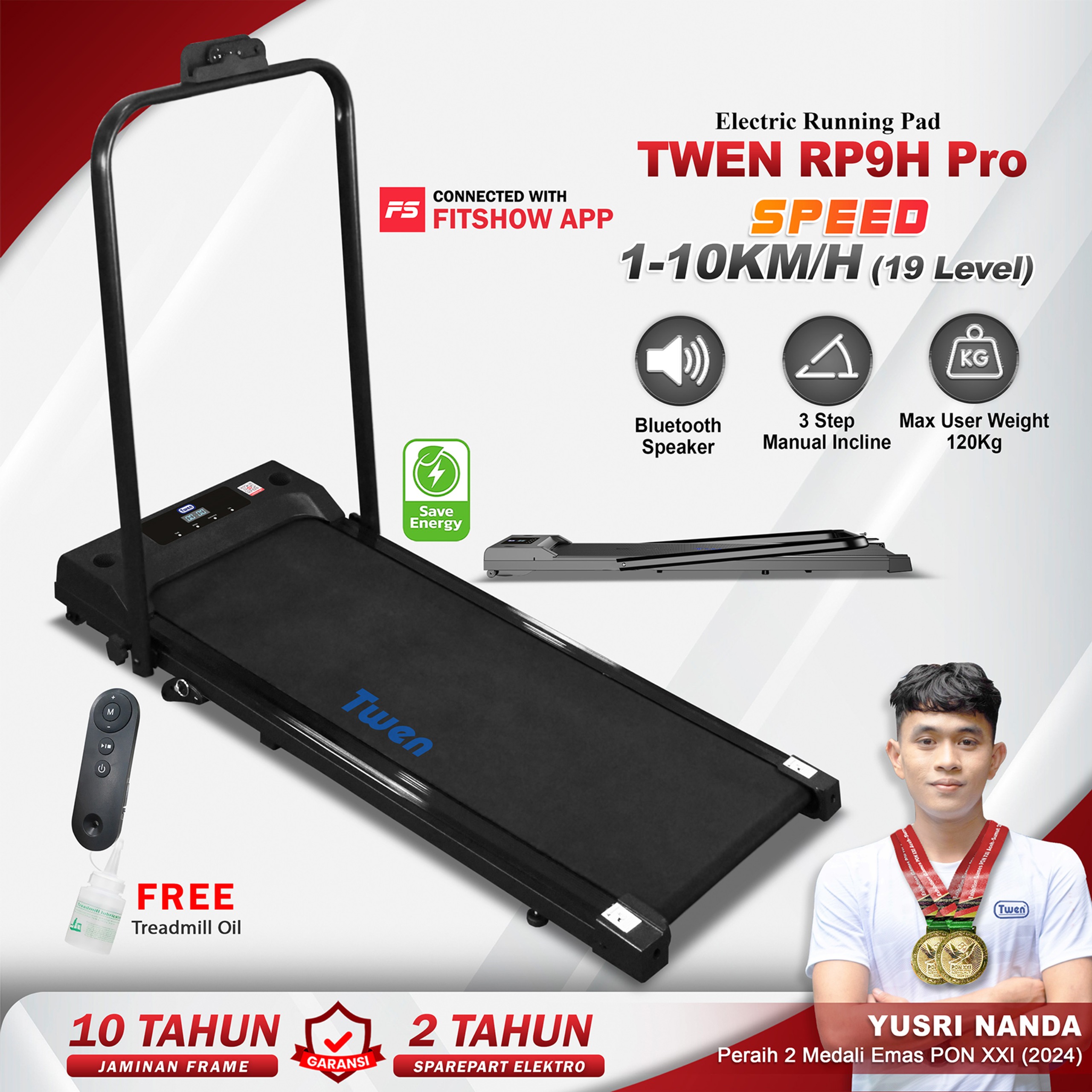 TWEN RP9HPro Hitam Running Pad Treadmill Listrik