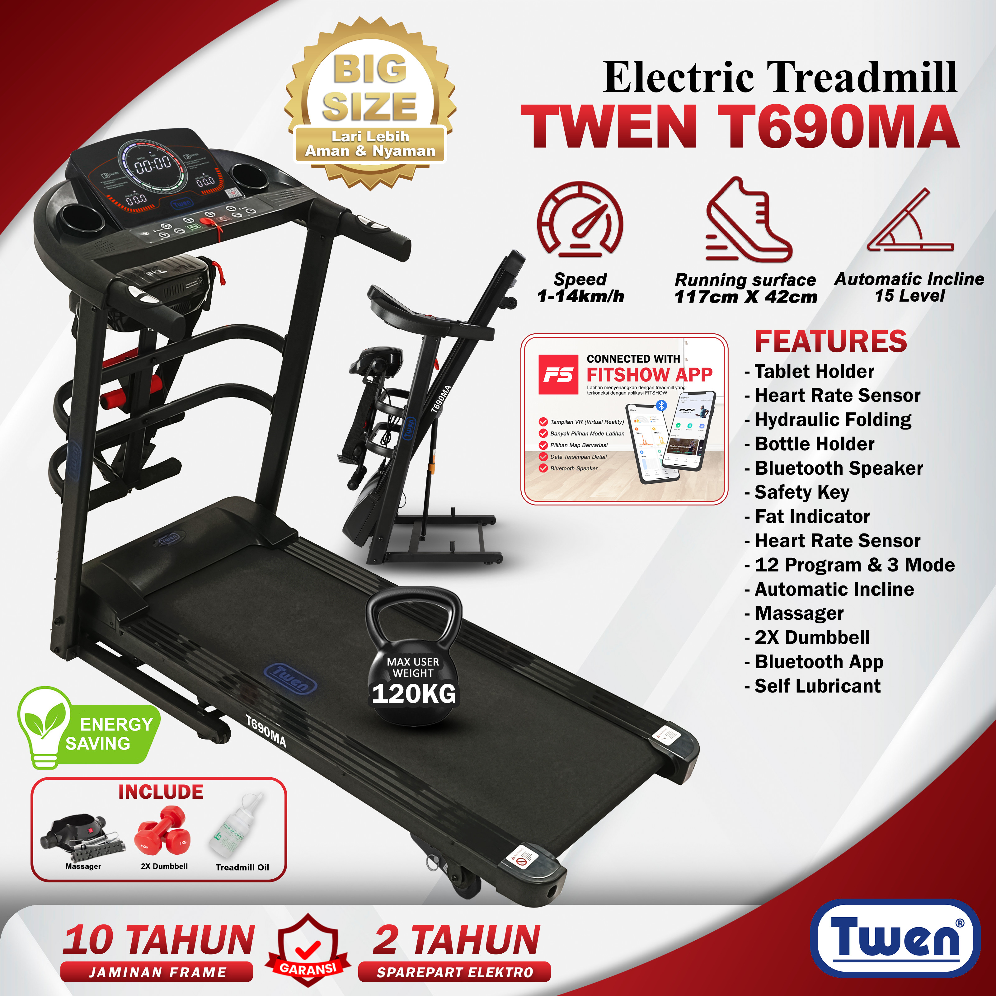 TWEN T690MA Treadmill Listrik Multifungsi