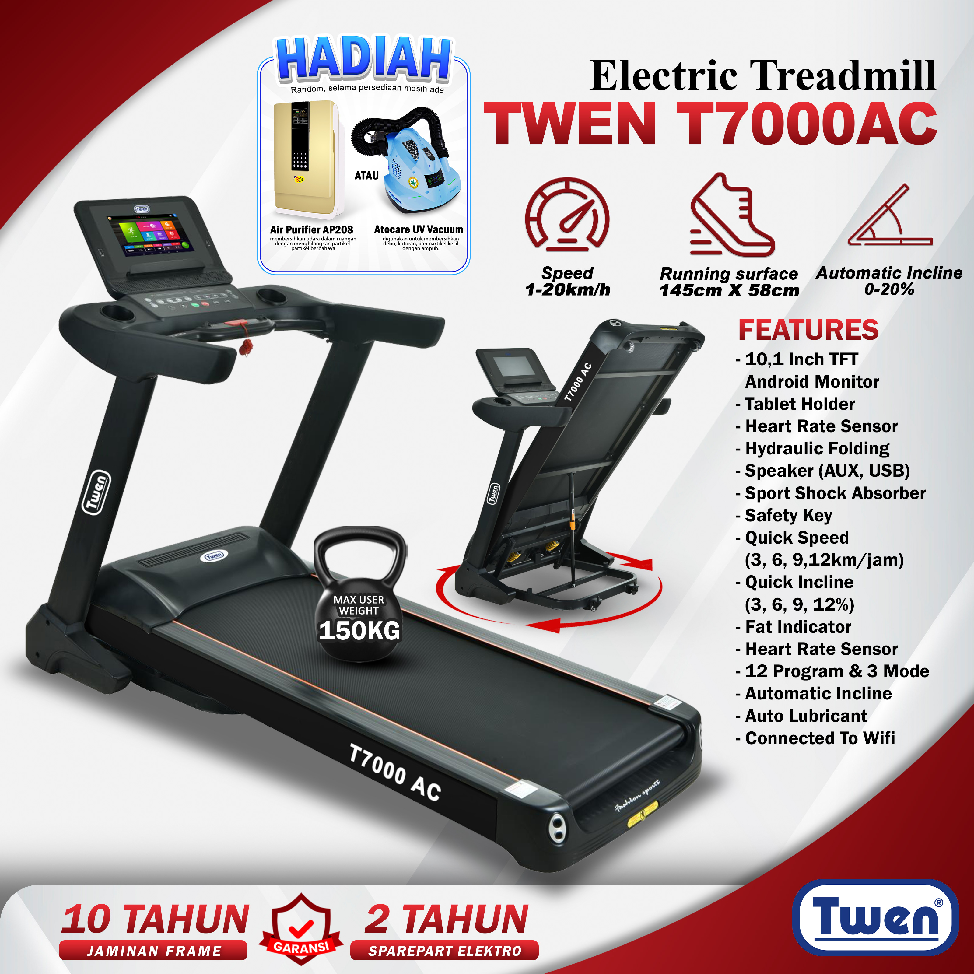 TWEN T7000AC HITAM Treadmill Listrik Commercial