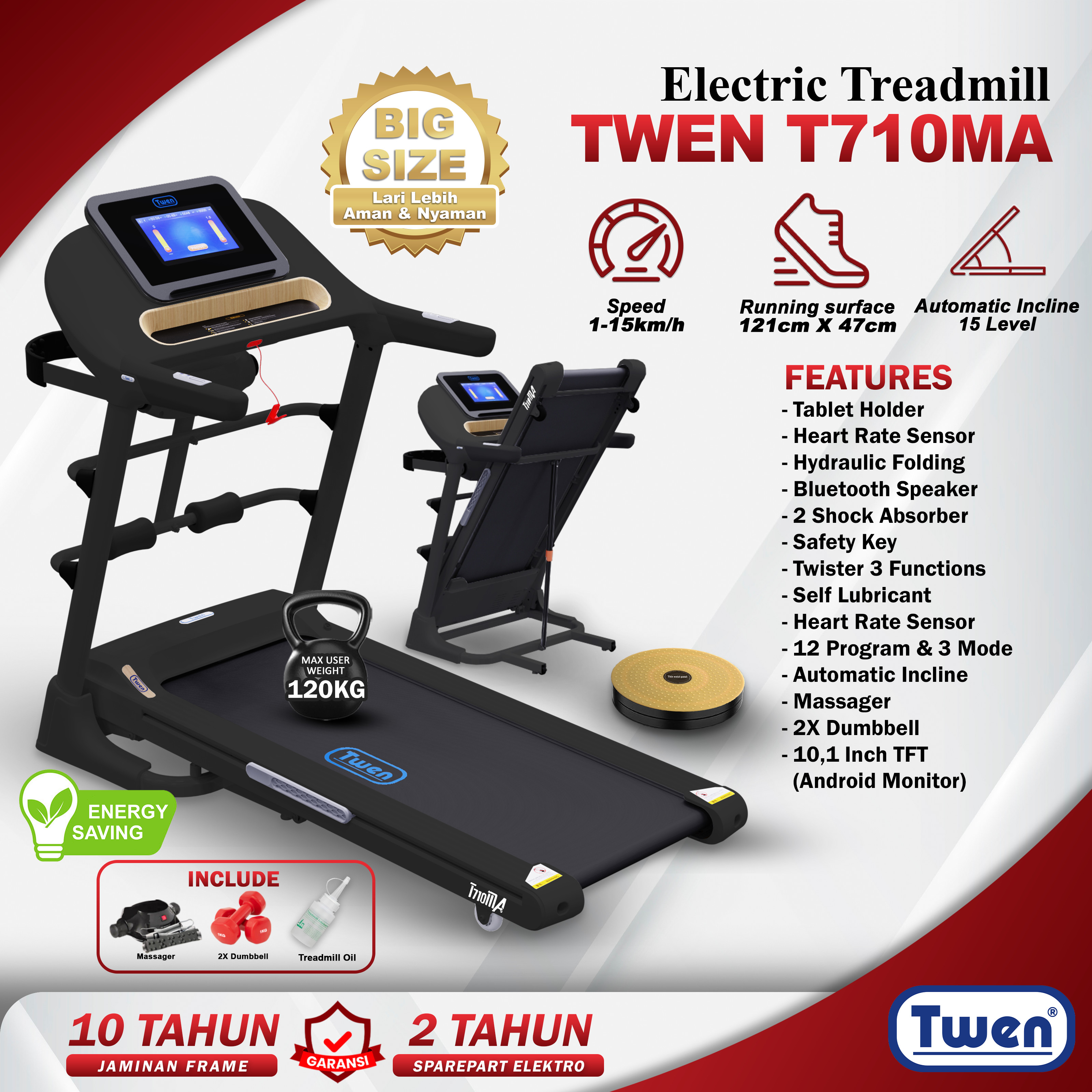 Twen T710MA Hitam Treadmill Elektrik Multifungsi