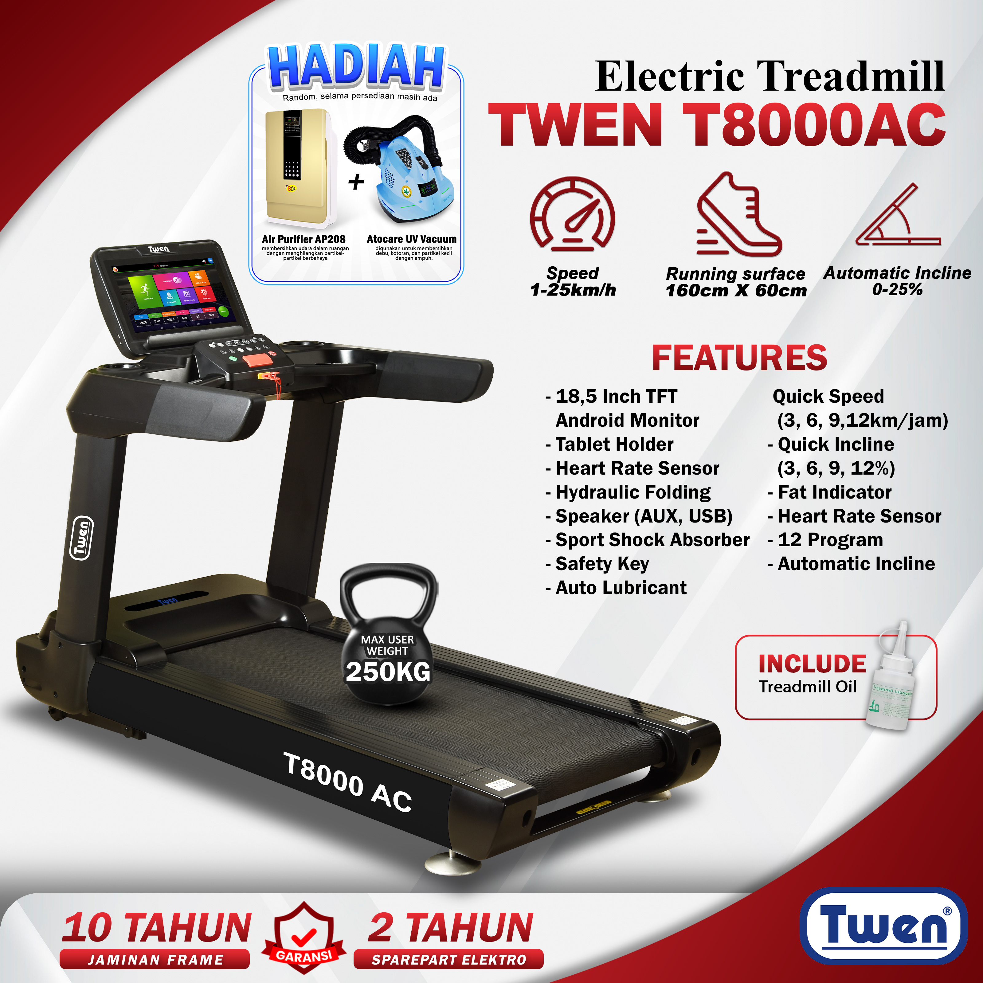 TWEN T8000AC Hitam Treadmill listrik Commercial 